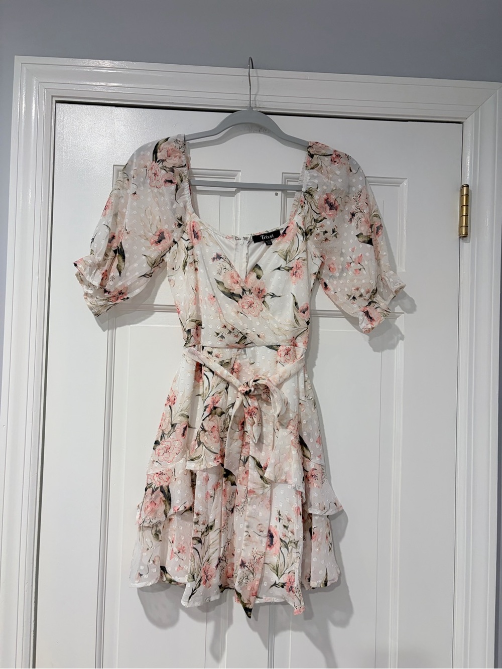 Trixxi Floral Chiffon Dress XXS Cream Pink Ruffle Puff Sleeve Belted